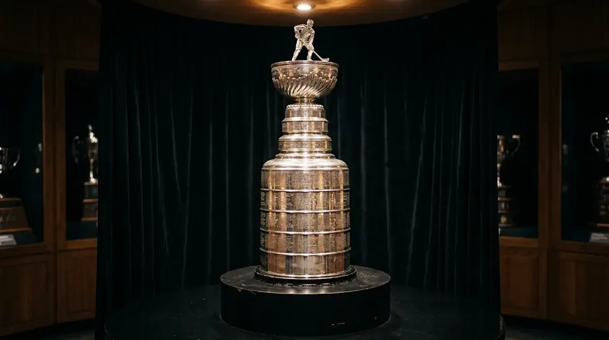 Stanley Cup trophy on display under arena lighting