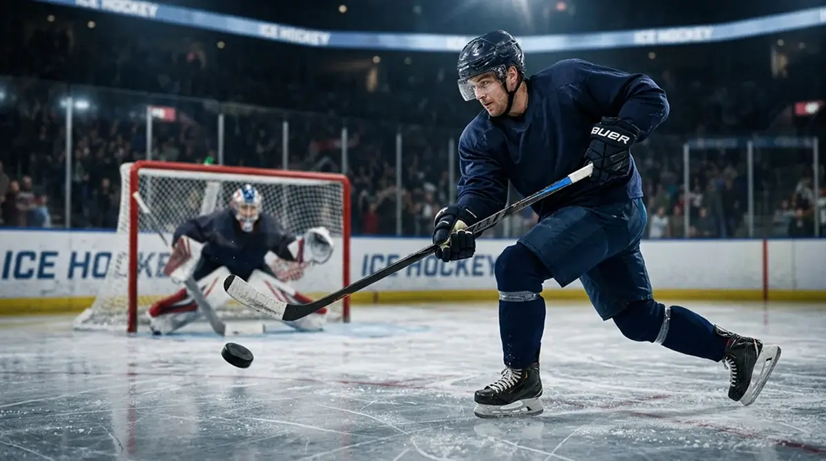 Top-line ice hockey forward releasing a wrist shot toward goal