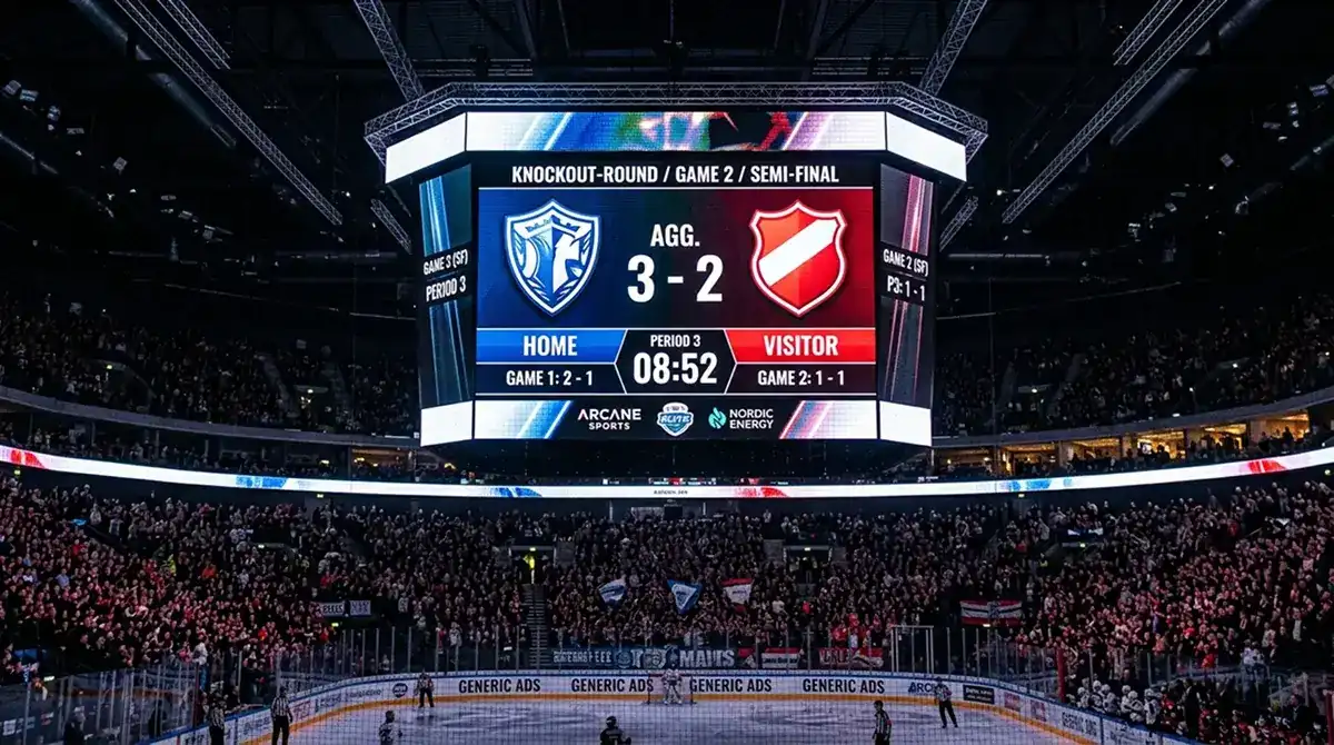 European ice hockey arena scoreboard during CHL knockout aggregate fixture