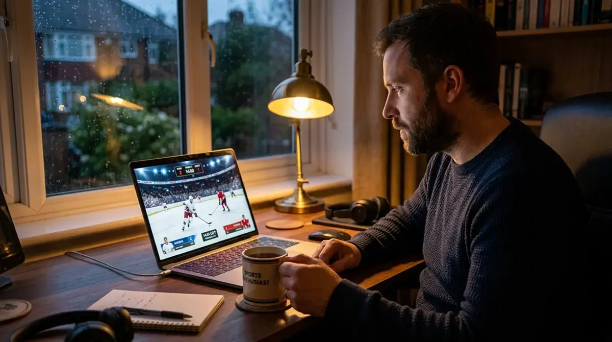 UK punter watching an international ice hockey stream on a laptop