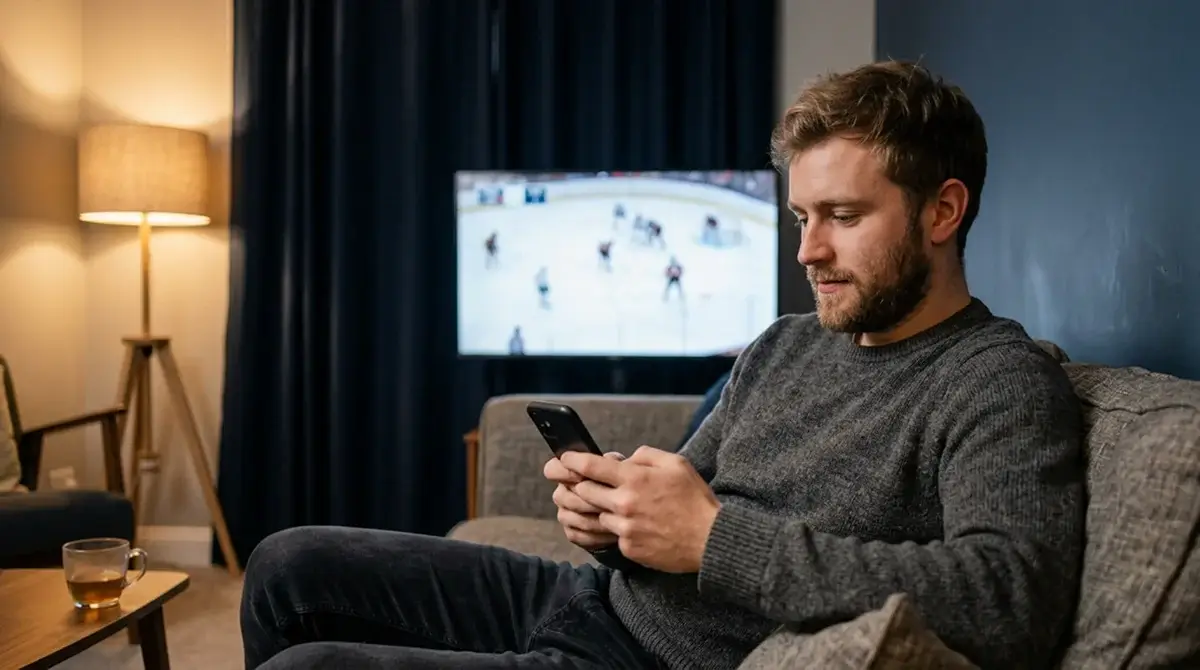 Person watching ice hockey on a tablet at home in the evening with a phone showing a betting app