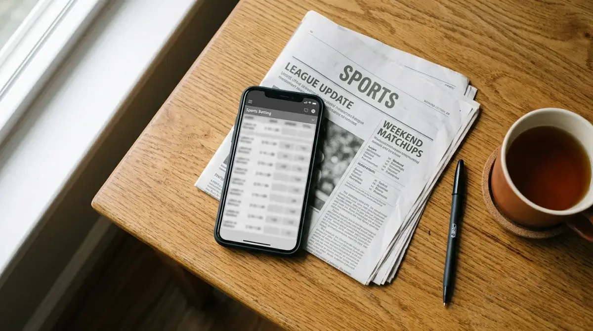 Mobile sportsbook open on a smartphone alongside a printed line sheet on a wooden desk
