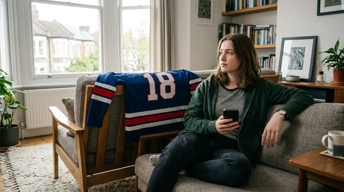Young adult UK ice hockey fan reflecting at home before placing weekend bet